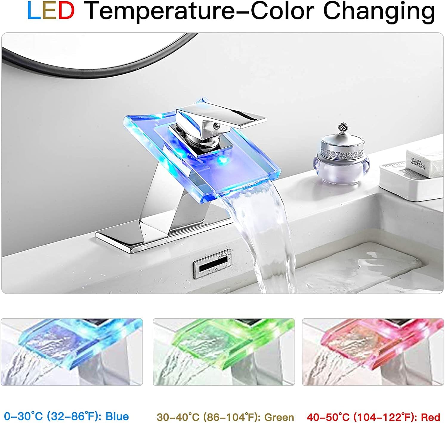 Bathroom Sink Faucet Waterfall Glass Spout LED Light 3 Colors Changing Hot and Cold Water Mixer Single Handle One Hole Deck Mounted Bathroom Faucet Lavatory Vanity Basin Tap Chrome