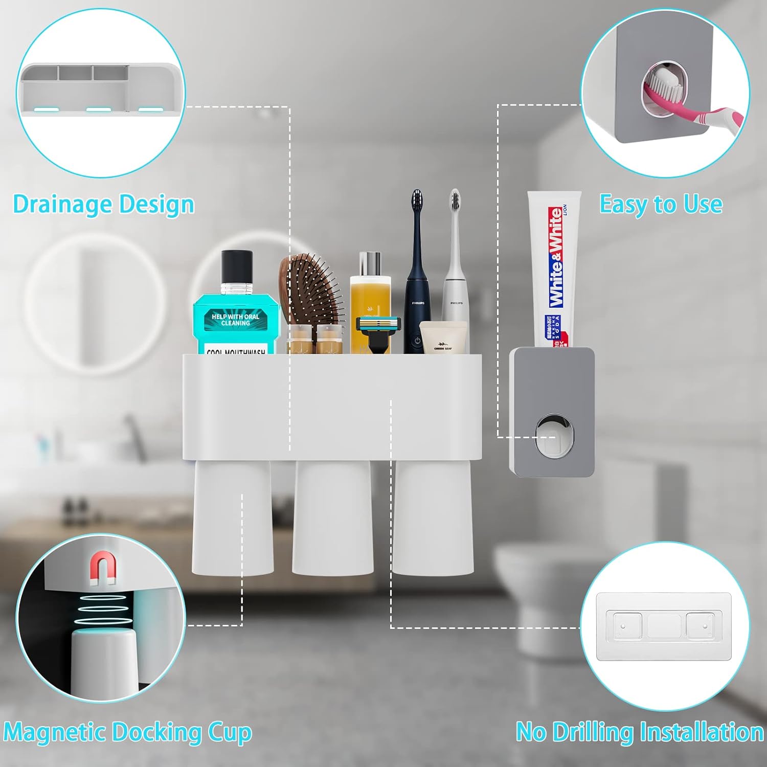 Toothbrush Holders for Bathrooms, Toothbrush Holder and Toothpaste Dispenser Wall Mounted, Automatic Plastic Tooth Brushing Holder with 3 Cups