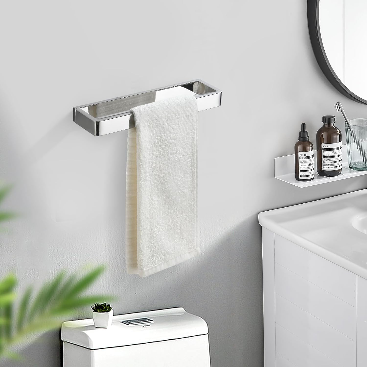 Bathroom Towel Bar Chrome, 11.8 Inch 304 Stainless Steel Bath Accessories Towel Rack Hanger, Bathroom Kitchen Square Hand Towel Holder Wall Mounted