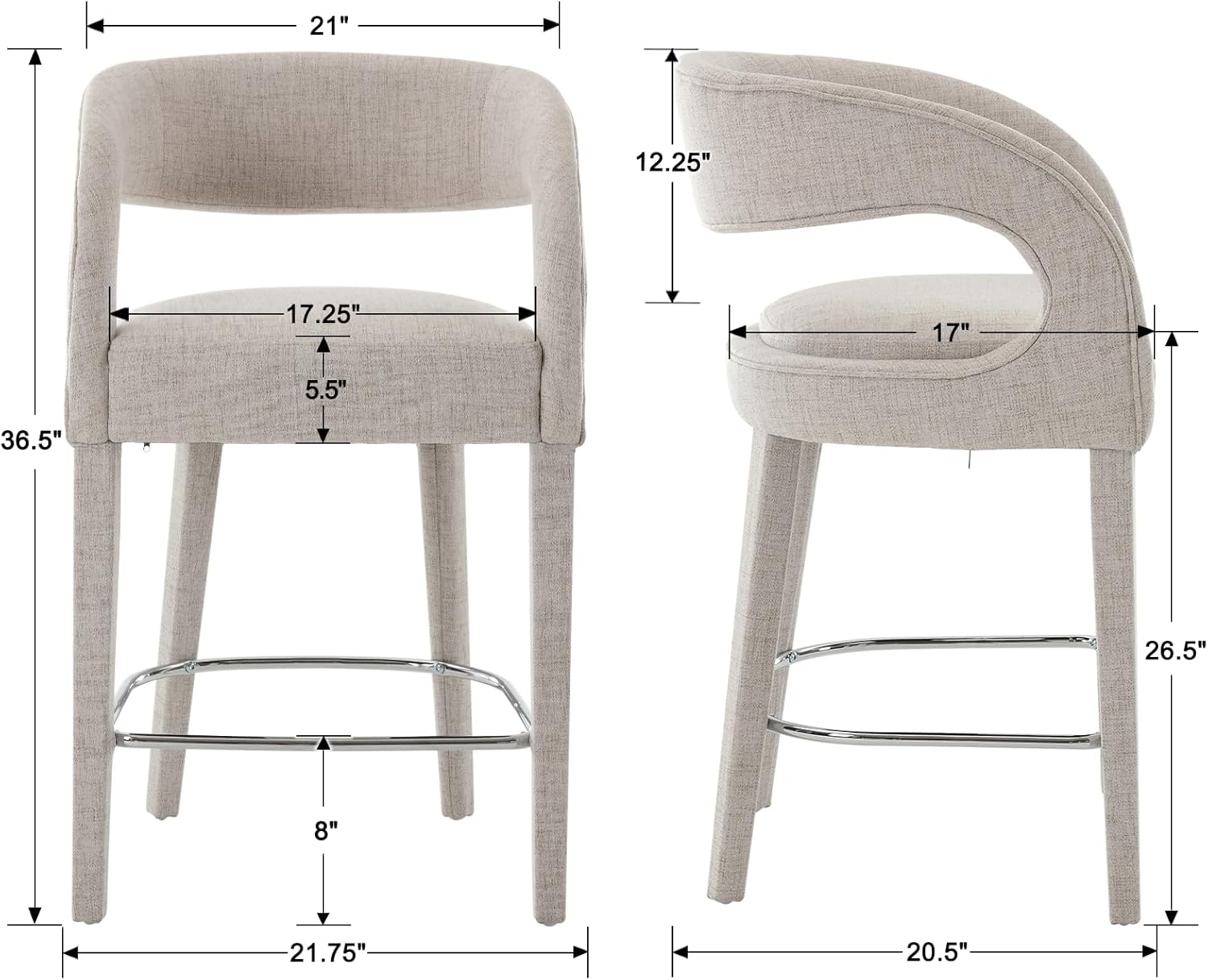 Modern Counter Height Bar Stools Set of 2 Linen Upholstered Counter Stools