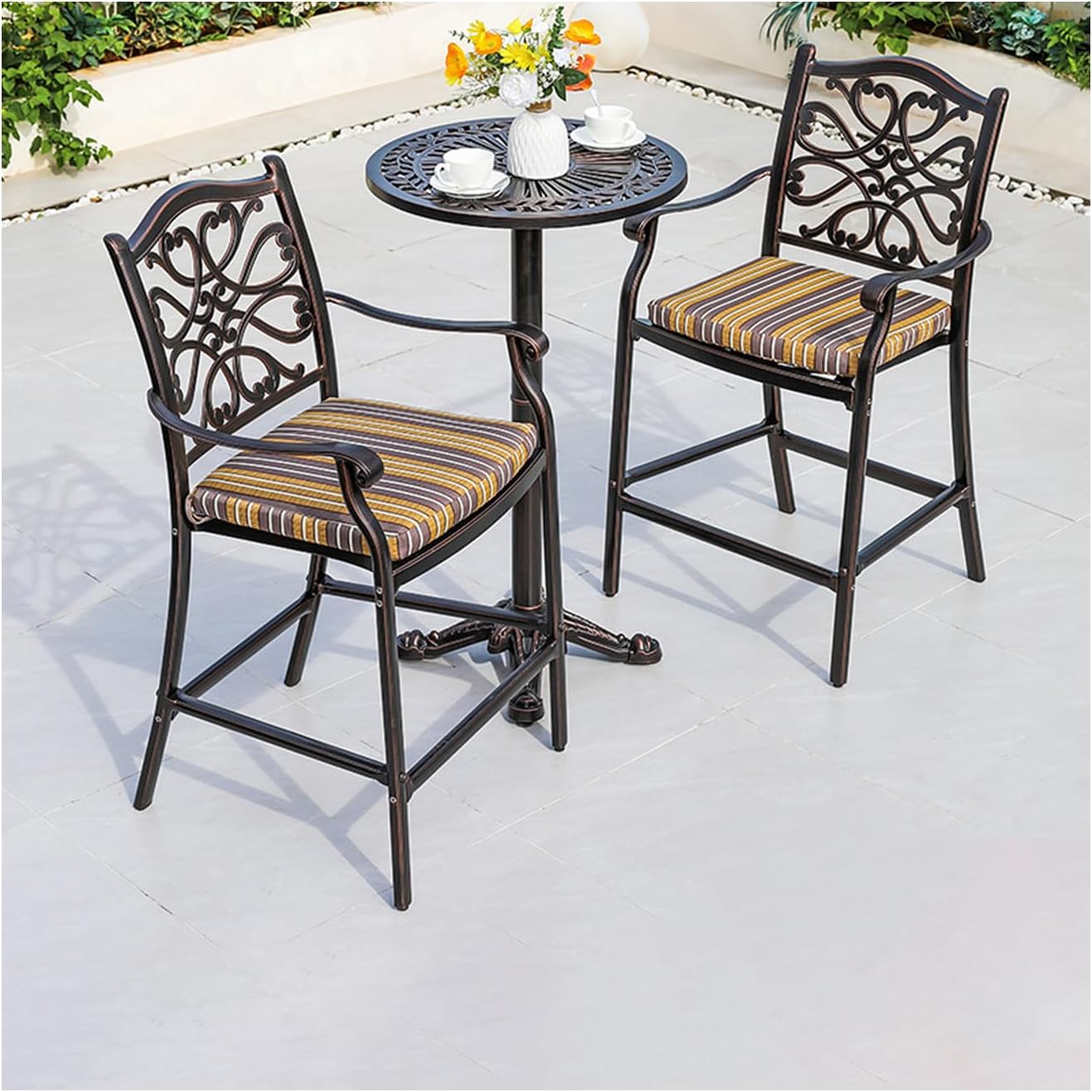 3/4-Piece Patio Bar Stools Set Cast Aluminum Outdoor Bar Height Bistro Set w/Cushion Bar Chairs & High Table w/Umbrella Hole