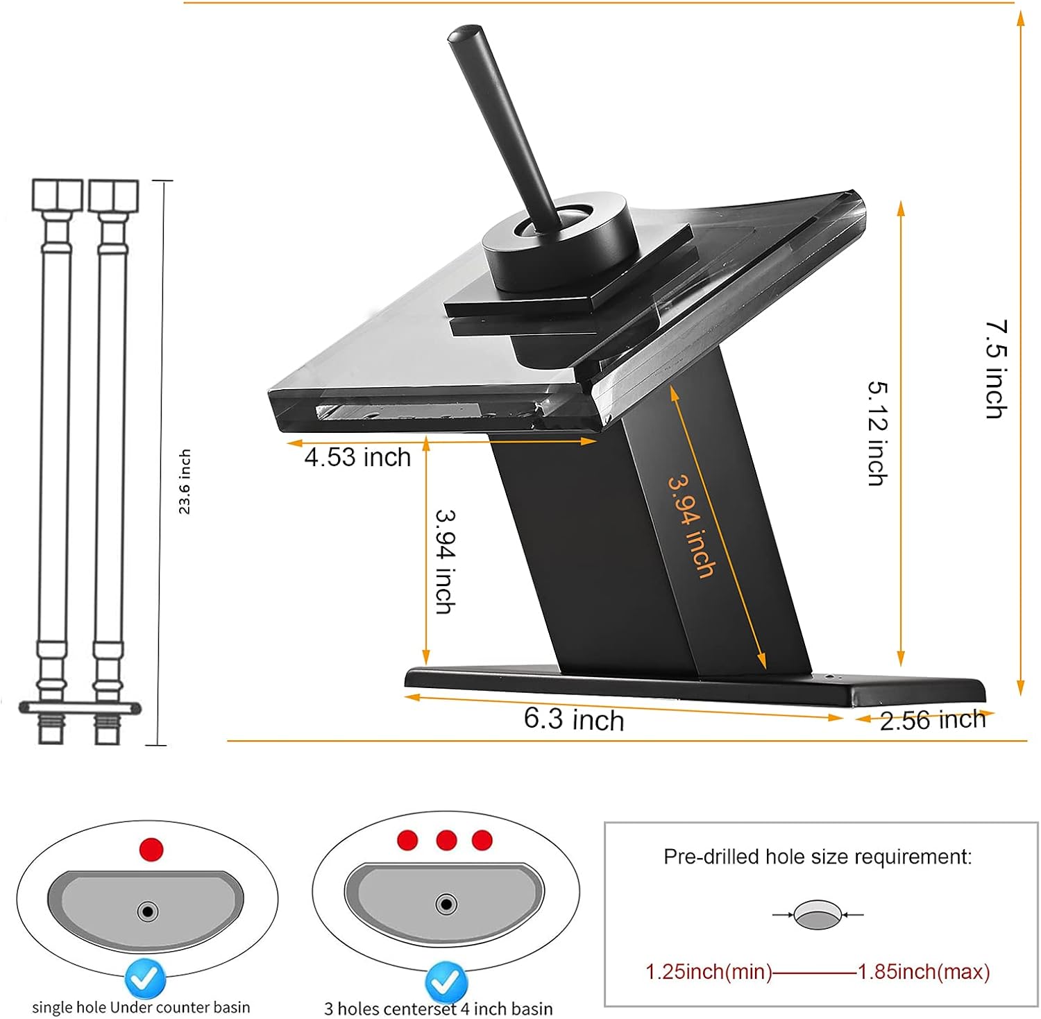 Black Bathroom Sink Faucet with 3-Color Changing LED Light Waterfall Glass Spout Single Handle One Hole Battery Power Lavatory Vanity Faucets Cold and Hot Water Mixer Bath Basin Sink Tap Commercial