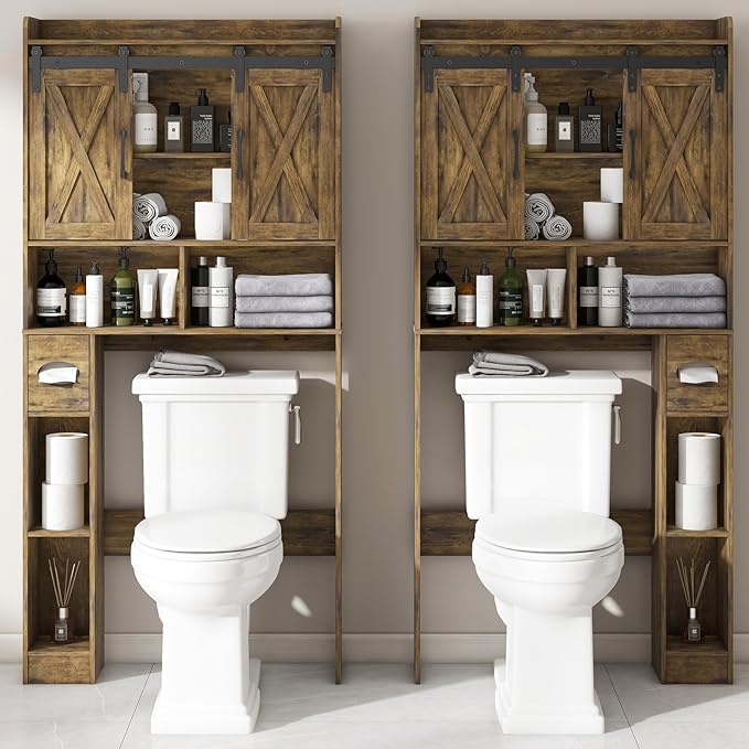 Over The Toilet Storage Cabinet, Farmhouse Storage Cabinet Over Toilet with Sliding Doors & Toilet Paper Holder Stand