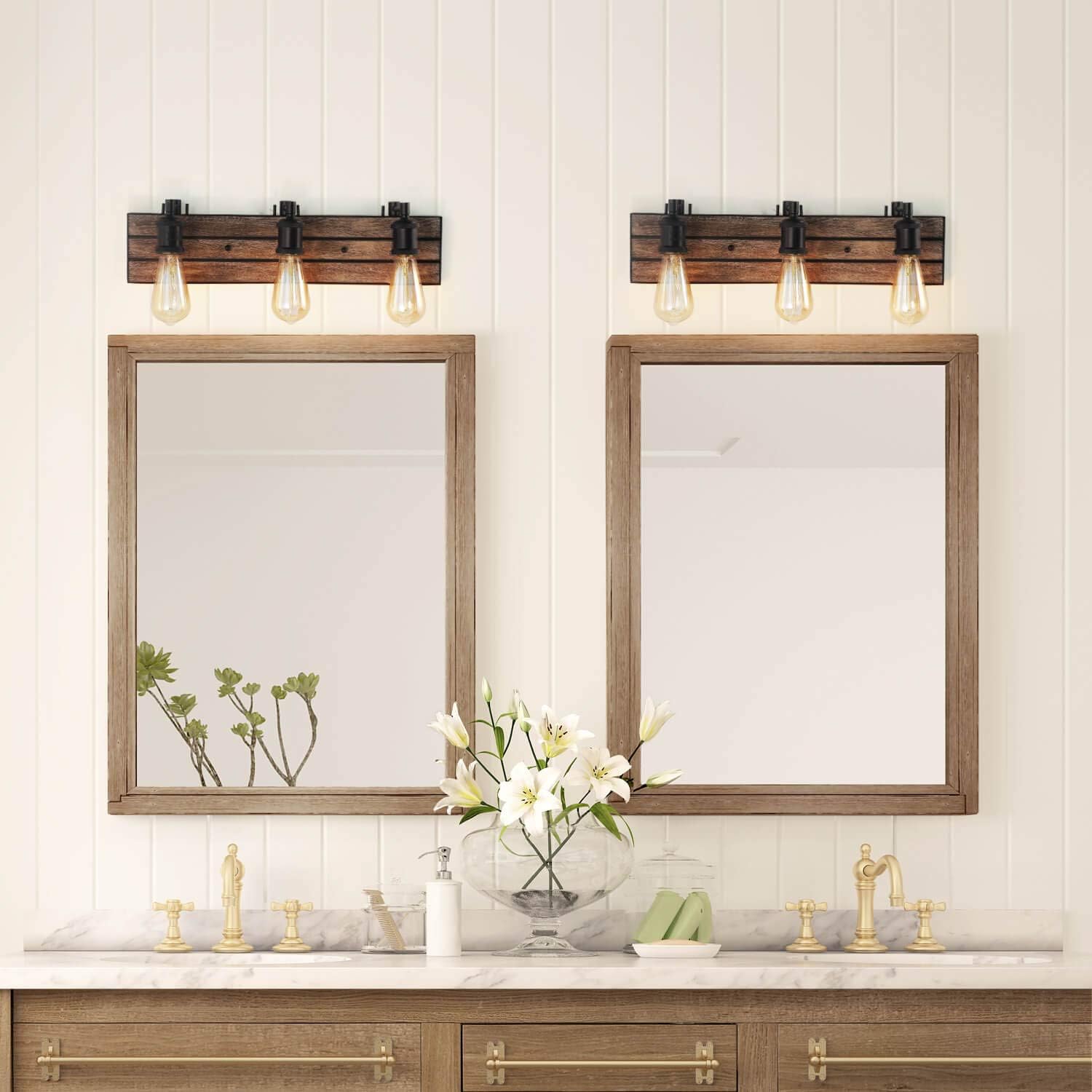 Bathroom Fixtures in Rustic Wood and Oil Rubbed Metal Finish, Farmhouse Wall Sconces with Adjustable Sockets Over Mirrors