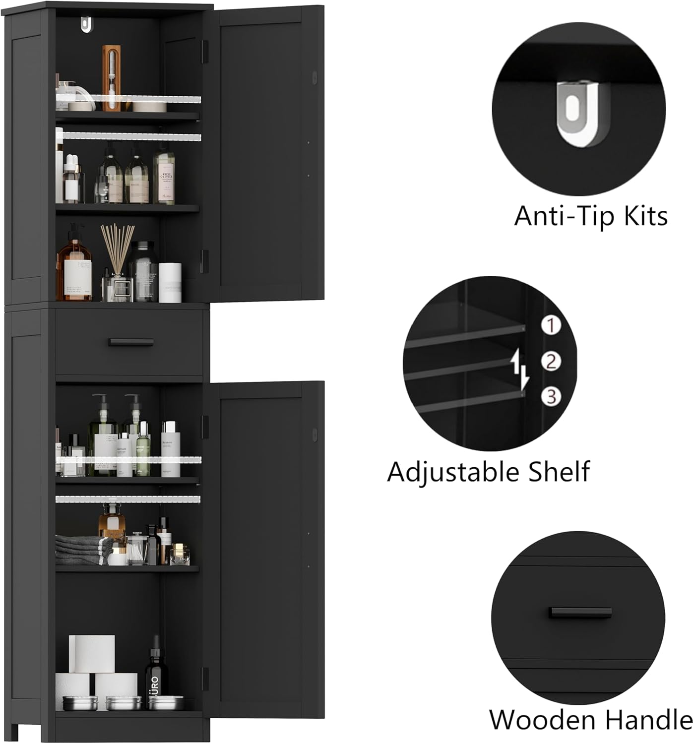 67" Tall Bathroom Floor Cabinet with 2 Door & Drawers, Narrow Storage Cabinet with Adjustable Shelves, Wooden Freestanding Cabinet for Bathroom