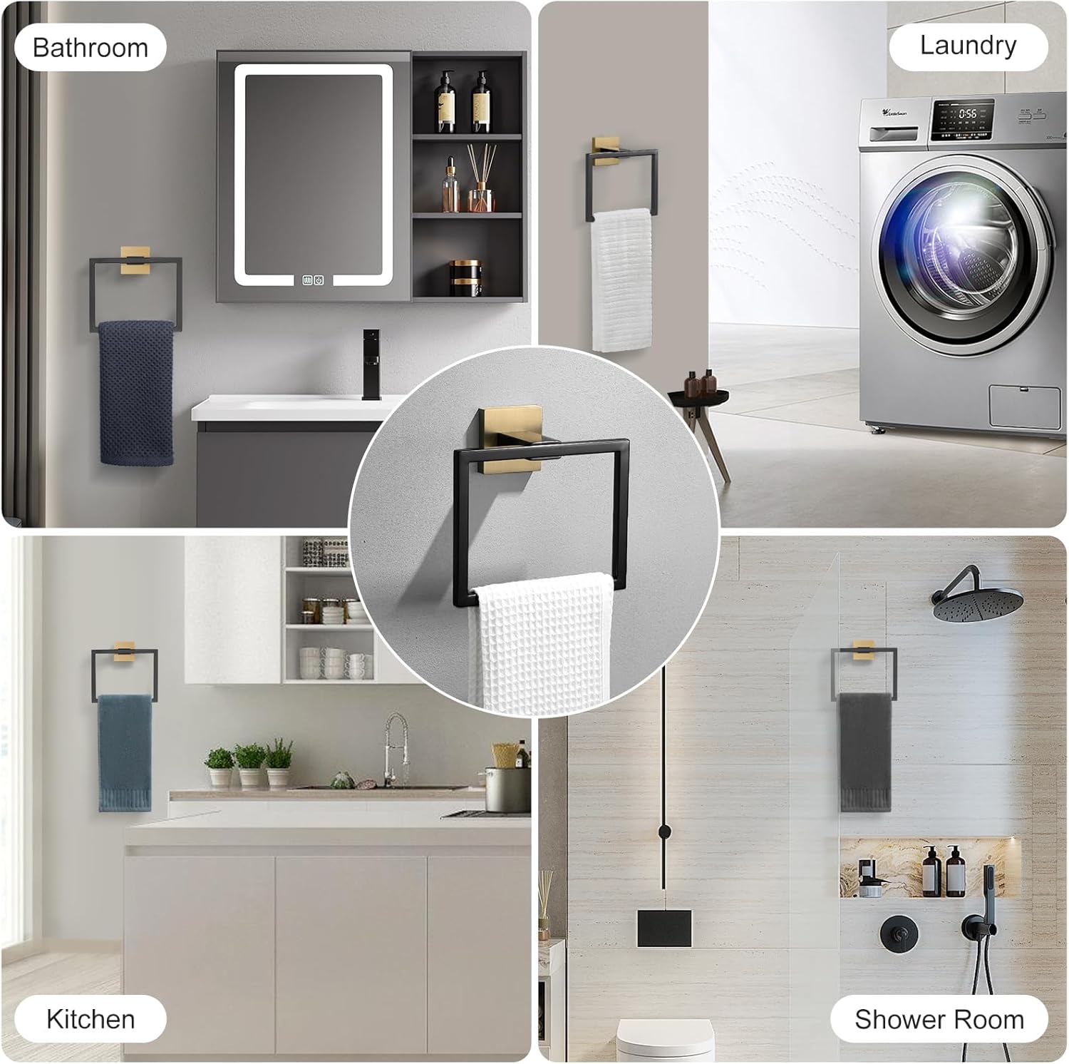 Towel Holder Bathroom Towel Ring, Black & Gold Hand Towel Bar, Stainless Steel Towel Rack Wall Mounted, Square Towel Hanger for Kitchen Lavatory