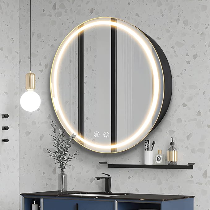 26inch Round Medicine Cabinet with Lights,Led Medicine Cabinet with Defogger,Illuminated Mirror Cabinet for Bathroom,Dimmable,Anti-Fog,3000k-6500K Color Temperature