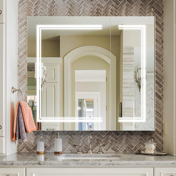 Bathroom Mirror Cabinet with Lights,Aluminum LED Medicine Cabinet,Equip with Internal Light,USB Shaver Socket,Back Door Light Strip,32 inch×36 inch,Surface Mount