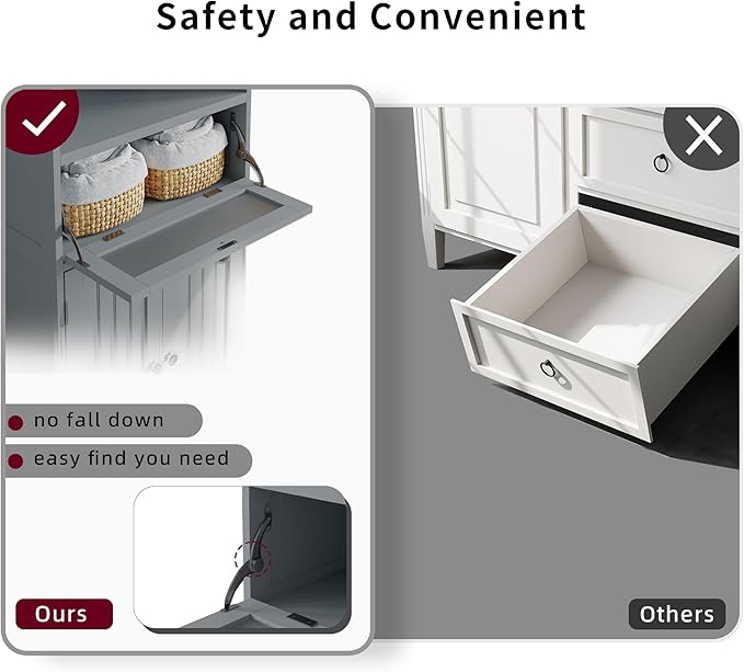 Bathroom Floor Storage Cabinet with Flip Glass Drawer, Bathroom Cabinets Freestanding with 2 Doors Adjustable Shelf & 1 Open Storage