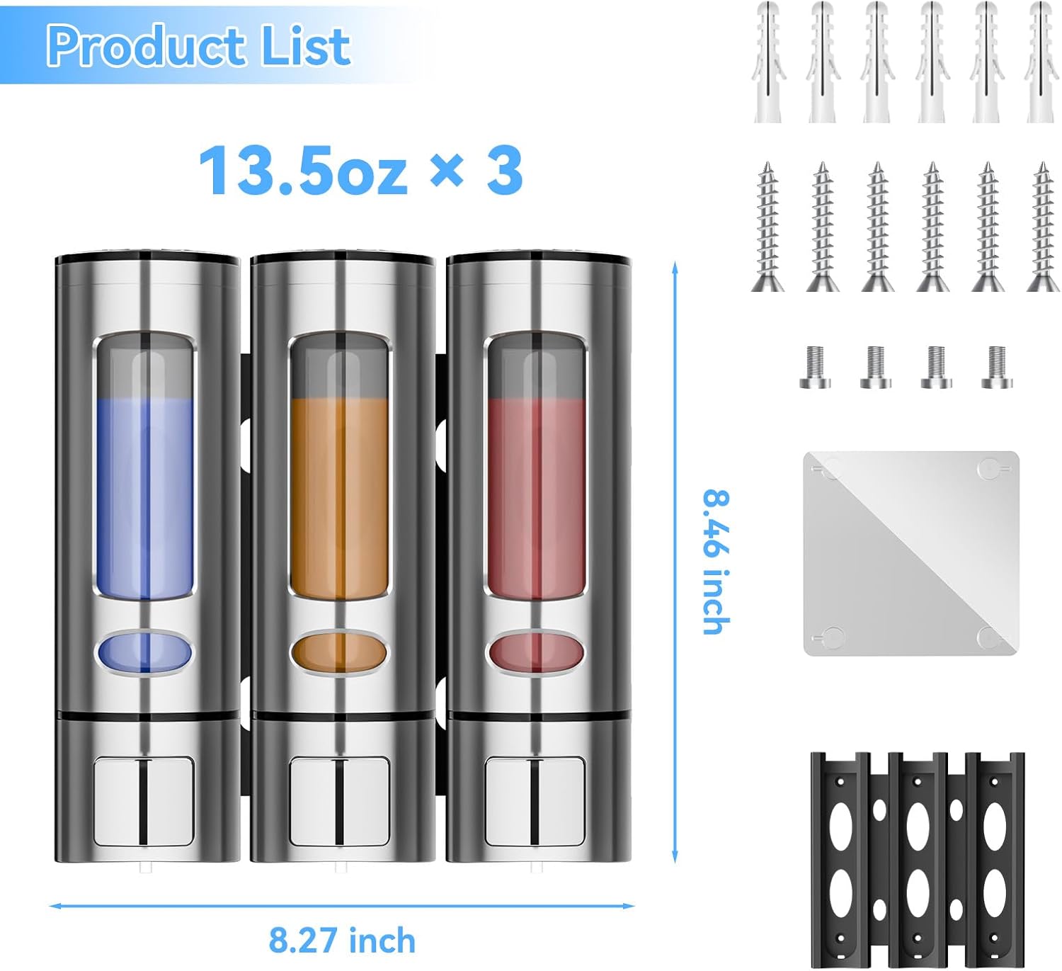 Shampoo and Conditioner Dispenser for Shower, Bathroom Shower Shampoo Soap Dispenser 3 Chamber No Drill, Refillable 10.2 OZ Body Wash Dispenser Bottles Wall Mounted Set, Silver