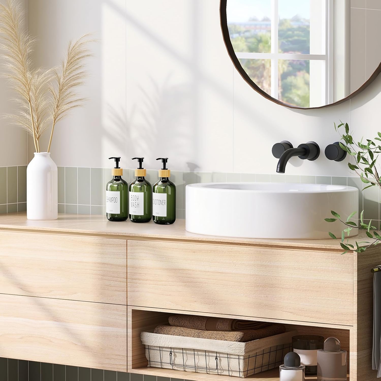 Shampoo and Conditioner Dispenser, Body Wash Shower Soap Dispenser Wall Mounted 3 Chamber, Drill Free 17oz Plastic Shower Bottles for Bathroom, Dark Green 3 Sets