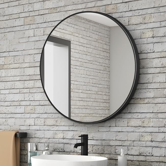 34inch Bathroom Round Mirror,Wall Mounted Vanity Mirror,Steel Frame,Black,Steel Frame