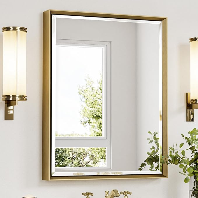 Gold Bathroom Mirror, 24x32 Brushed Gold Bathroom Mirror Beveled Edge, Gold Framed Rectangle Bathroom Vanity Mirror