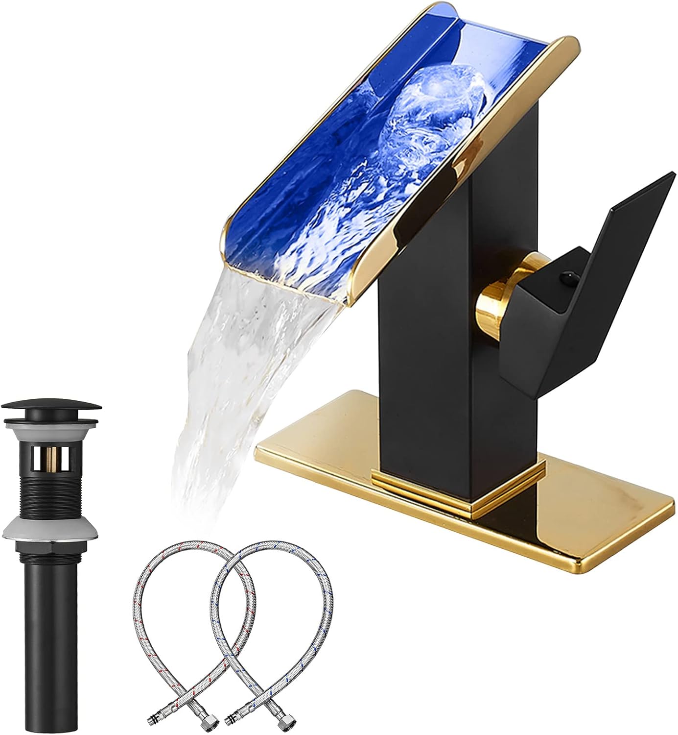 Black Bathroom Faucet Golden Waterfall Open Spout LED Color Changing One Hole Bath Vanity Sink Tap Single Handle with Bathroom Sink Drain Pop Up Stopper Overflow Water Supply Hose Include Modern
