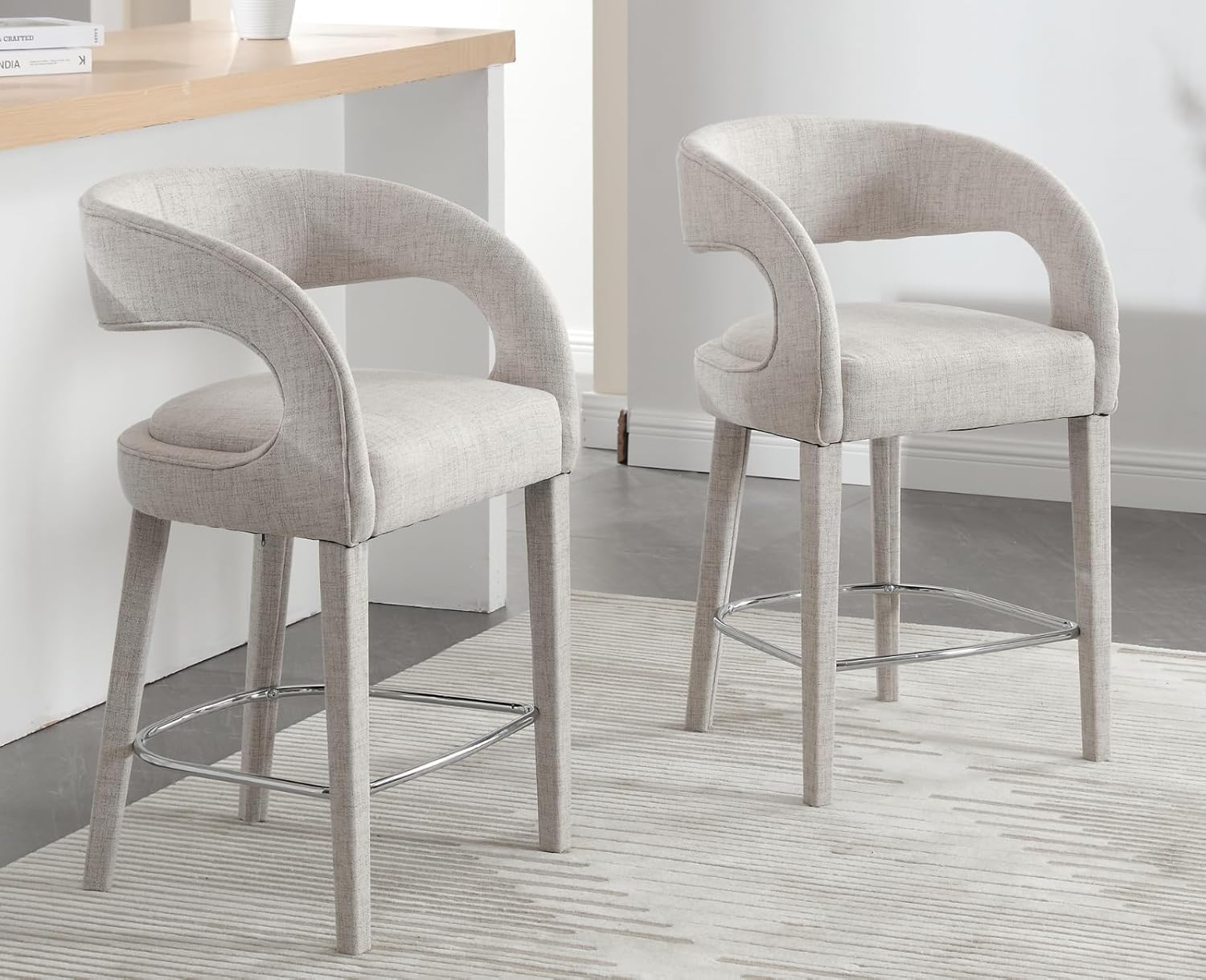 Modern Counter Height Bar Stools Set of 2 Linen Upholstered Counter Stools