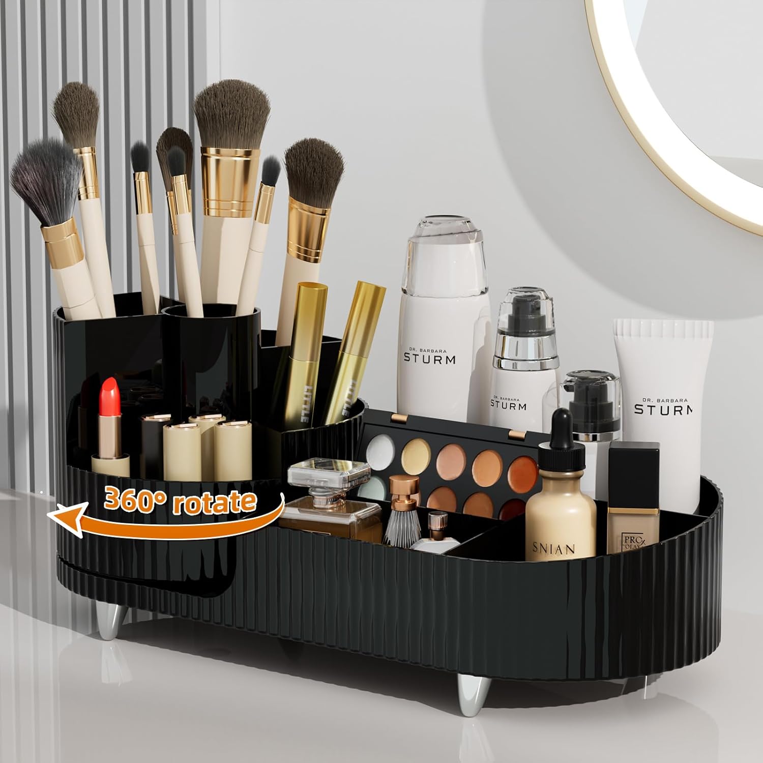 Makeup Organizer Countertop for Vanity, 360 Rotating Cosmetic Makeup Brush Holder Storage, Plastic Large Skincare Display Case Organizer for Lotion, Lipsticks, Perfume (black)