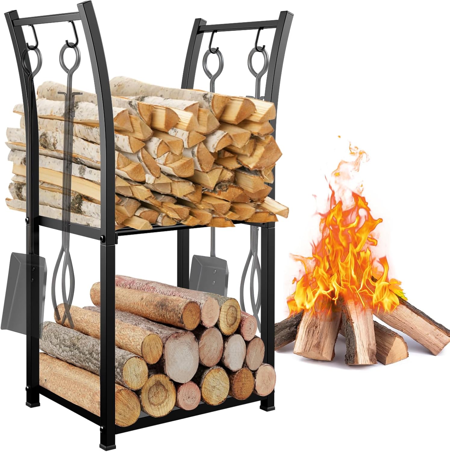 2 Tiers Indoor Firewood Rack with 4 Hooks - Portable Outdoor Firewood Rack, Heavy Duty Log Rack Wood Holder