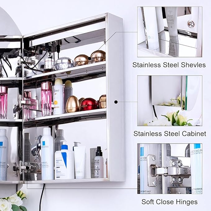 Oval Medicine Cabinet with Lights, 20" x 31" Bathroom Medicine Cabinet with Mirror Anti Fog and 3 Light Settings