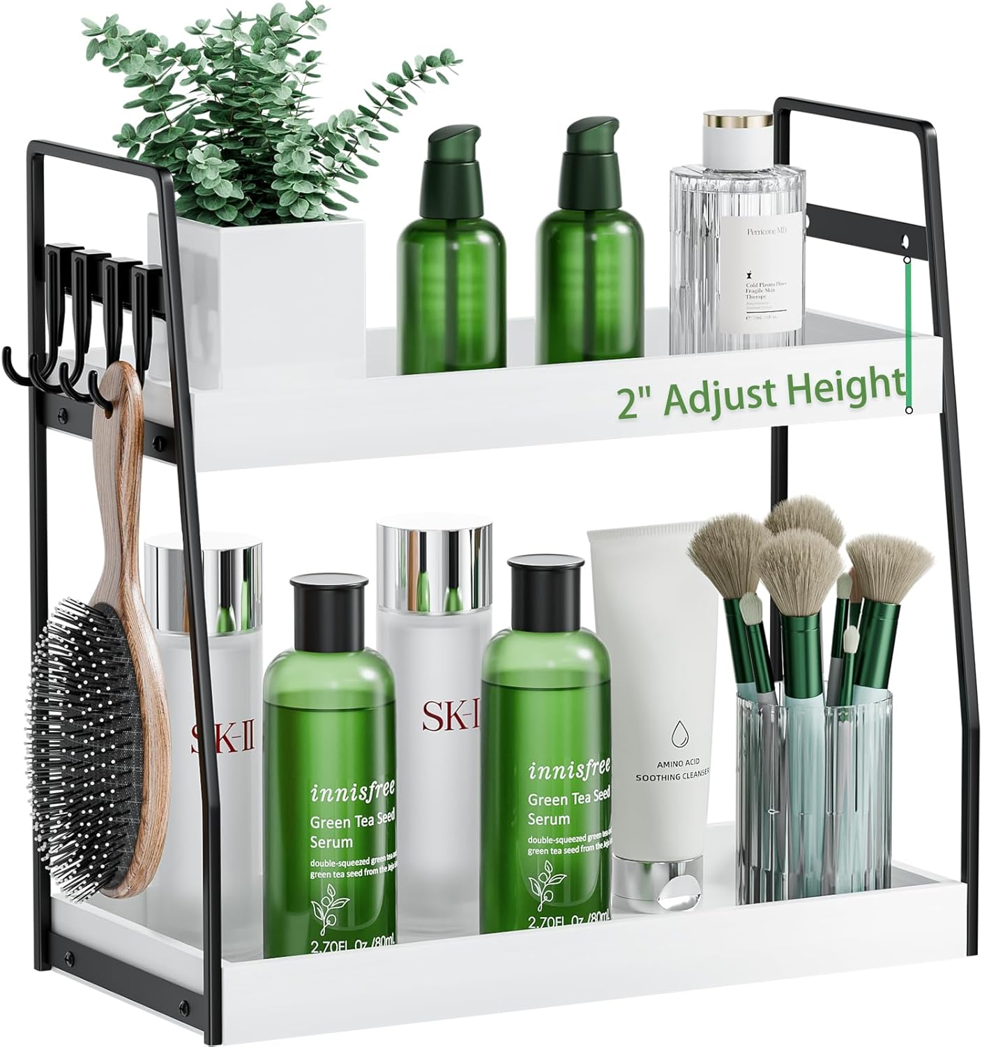 2-Tier Bathroom Organizer Countertop, Wood Bathroom Counter Organizer and Storage, Bathrom Corner Sink Vanity Skincare Organizer Shelf with Hooks, White