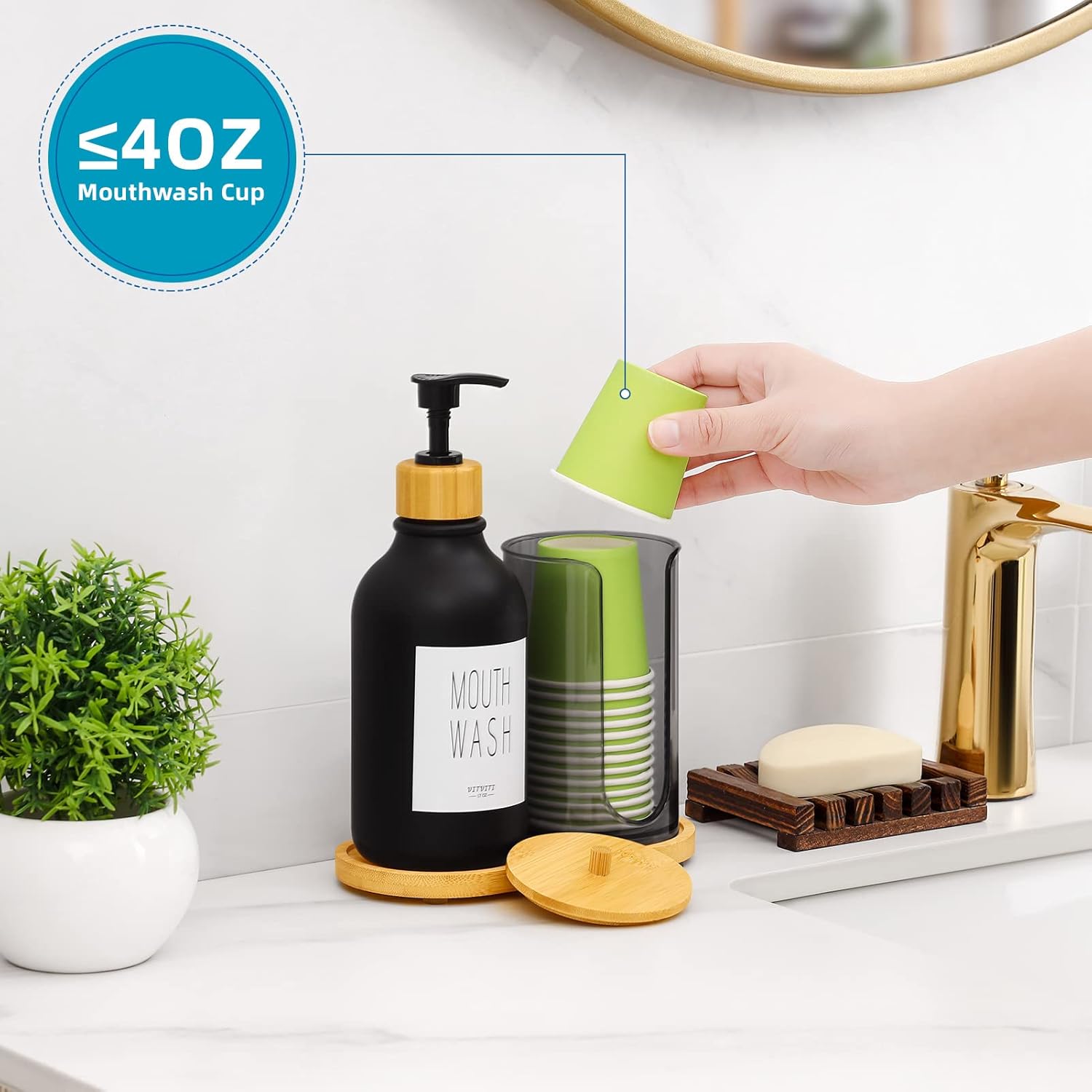 Mouthwash Dispenser for Bathroom, Mouth Wash Pump Bottle with Paper Cup Holder, 17Oz Refillable Black Mouthwash Container with Bamboo Lid/Tray/Label