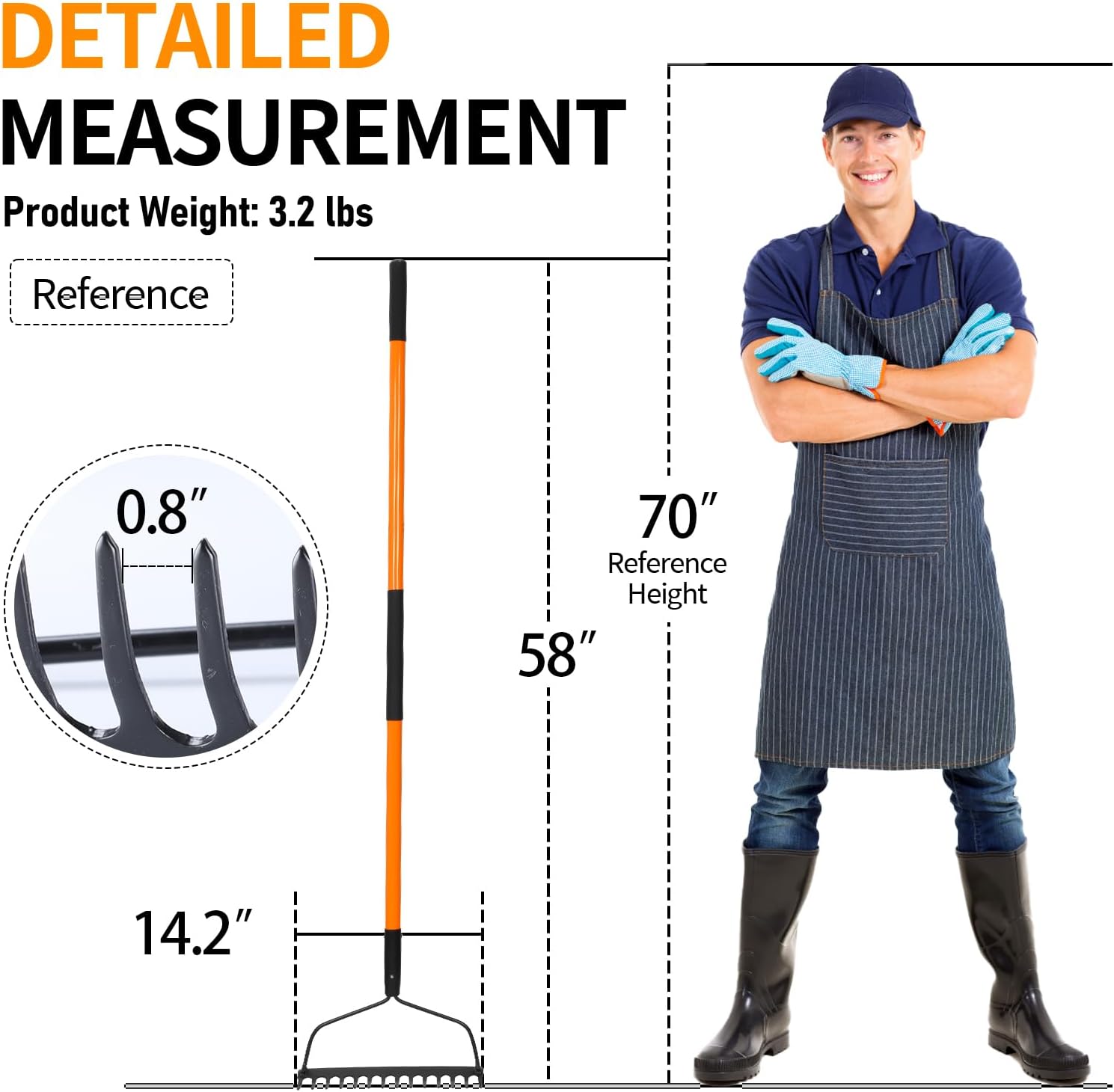 Garden Rake for Gardening, Heavy Duty Garden Rake for Lawns, 14 Tines Bow Rake with Fiberglass Handle, 58 Inches