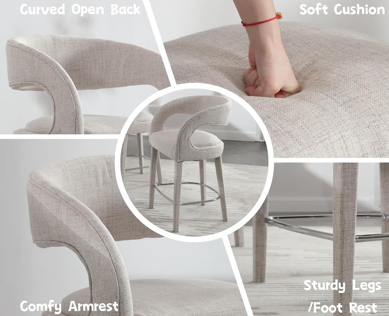 Modern Counter Height Bar Stools Set of 2 Linen Upholstered Counter Stools