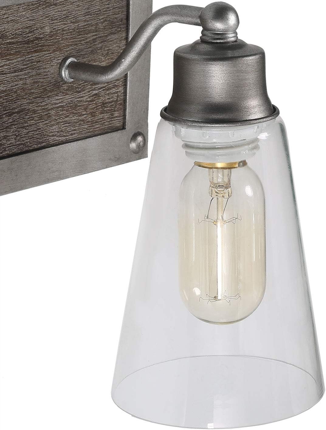 2 Lights Bathroom Lighting in Real Distressed Wood and Brushed Antique Silver Finish with Cone Clear Glass Shades