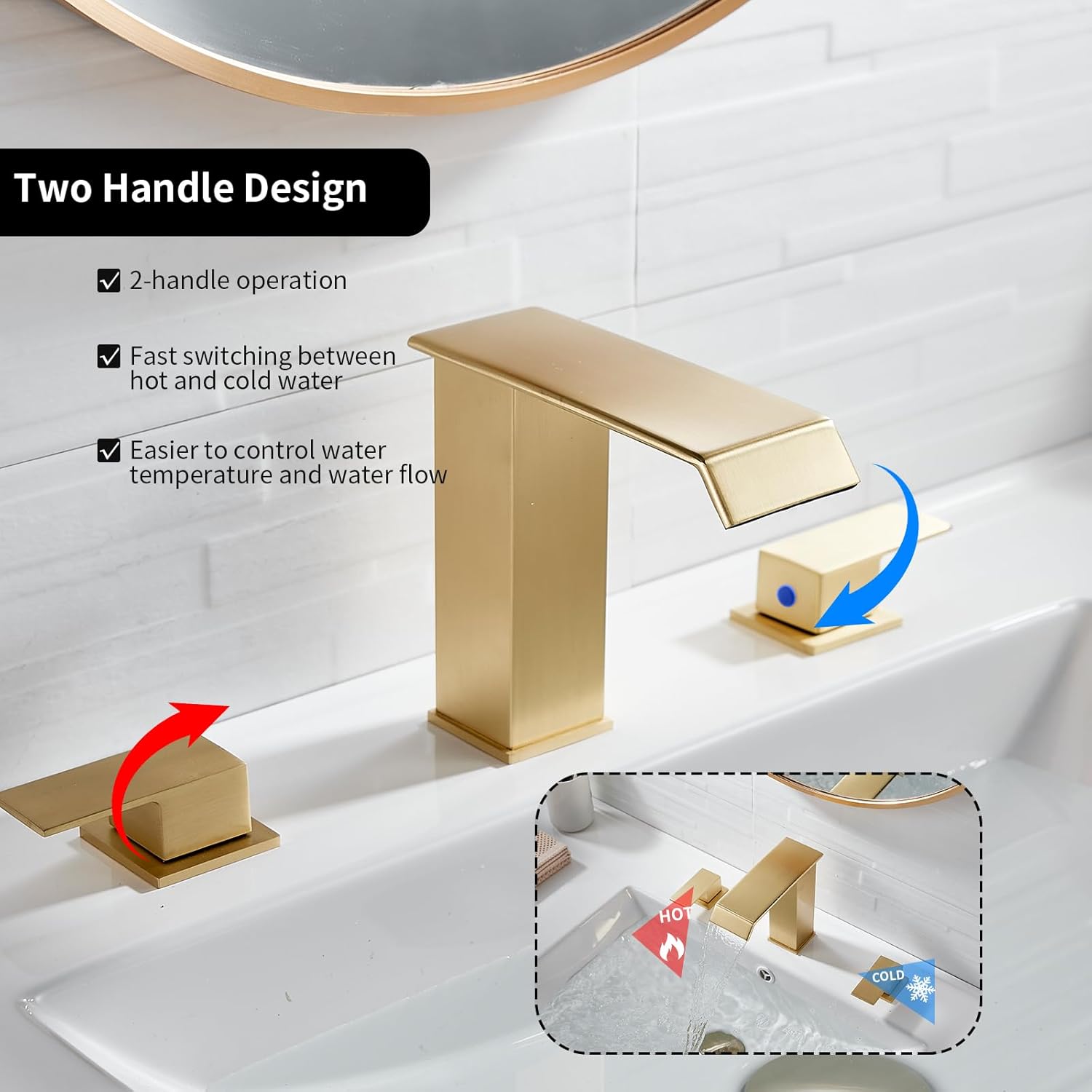 Bathroom Faucet 2 Handles 3 Hole Waterfall Brushed Gold Bathroom Faucets Widespread 8-16 inch Basin Sink Faucet Brass Lavatory Vanity with Pop Up Drain 2 Hot/Cold Supply Hoses Commercial Deck Mounted