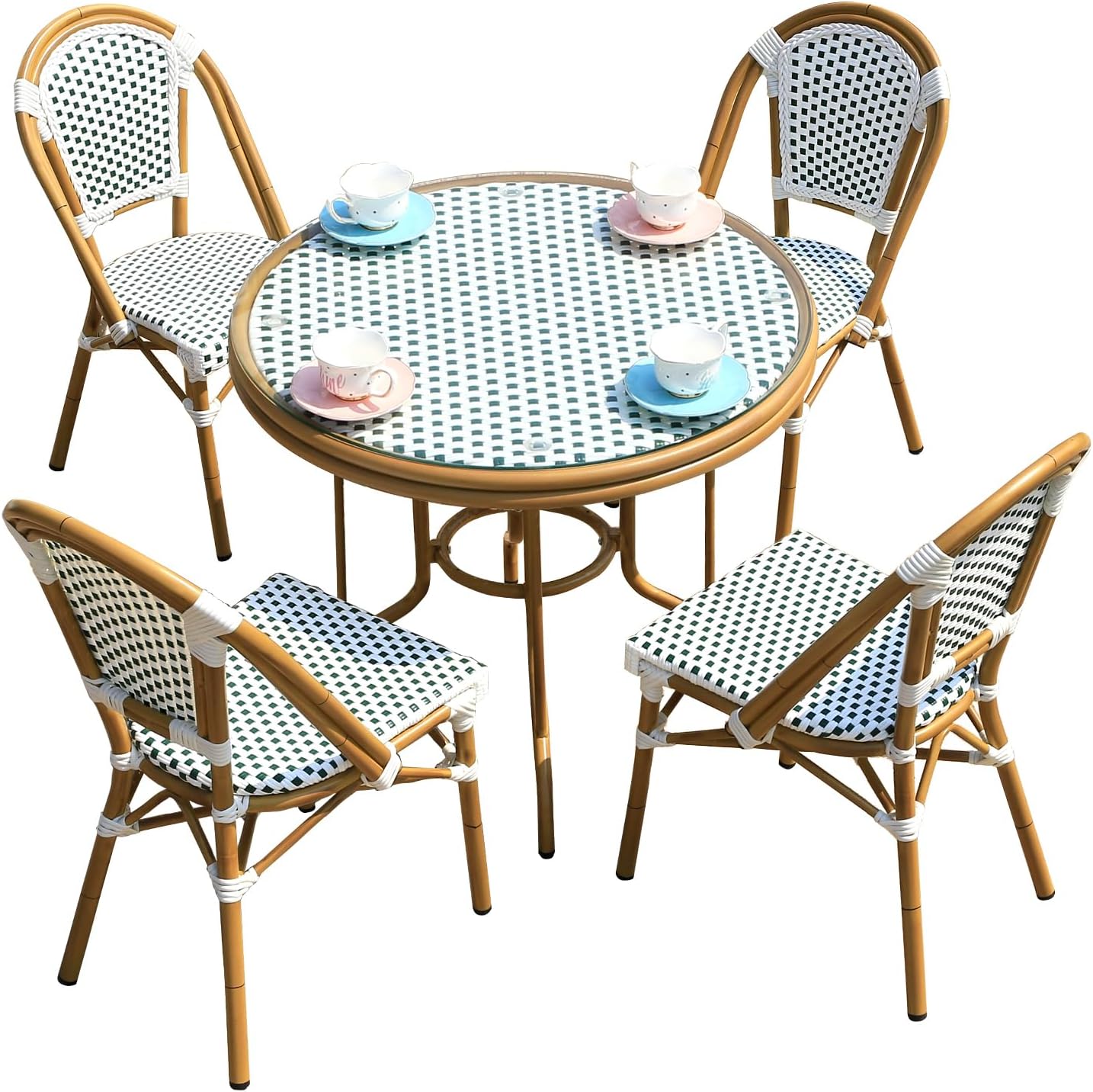 Patio Bistro Set Colorful Weave PE Wicker Balcony Furniture Set (4 Chairs+80cm Round Table)