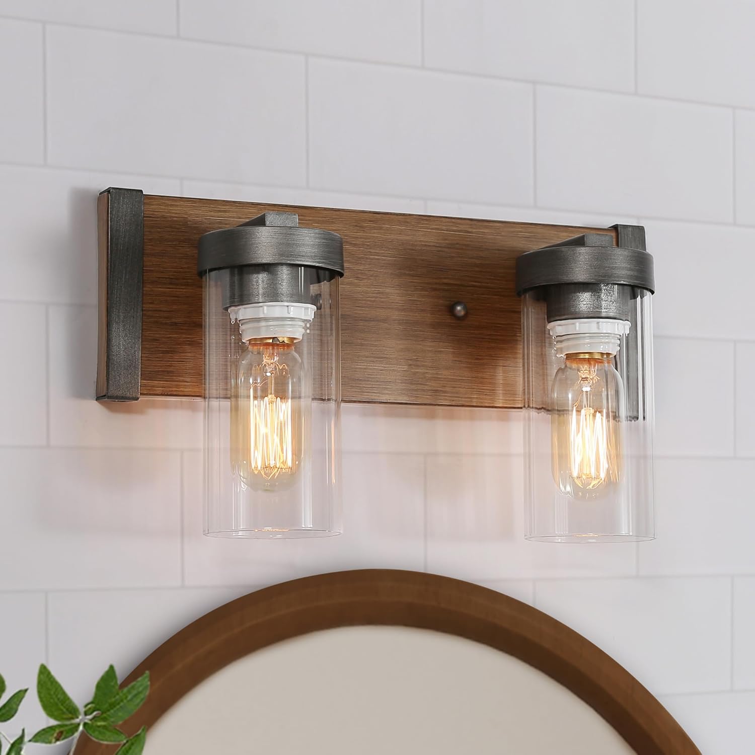 2 Light Farmhouse Vanity Lights for Bathroom with Clear Textured Glass Lampshade