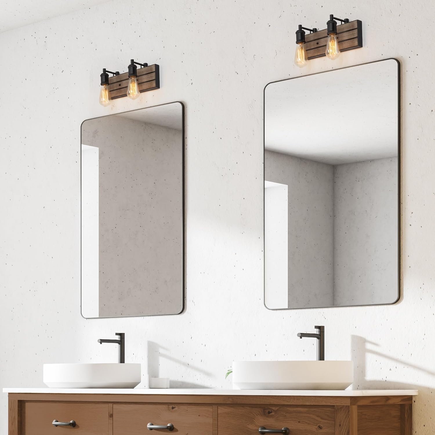 2 Light Vanity Lights for Bathroom, 13.8-Inch Rustic Faux Wood Bathroom Lighting Lights Over Mirror