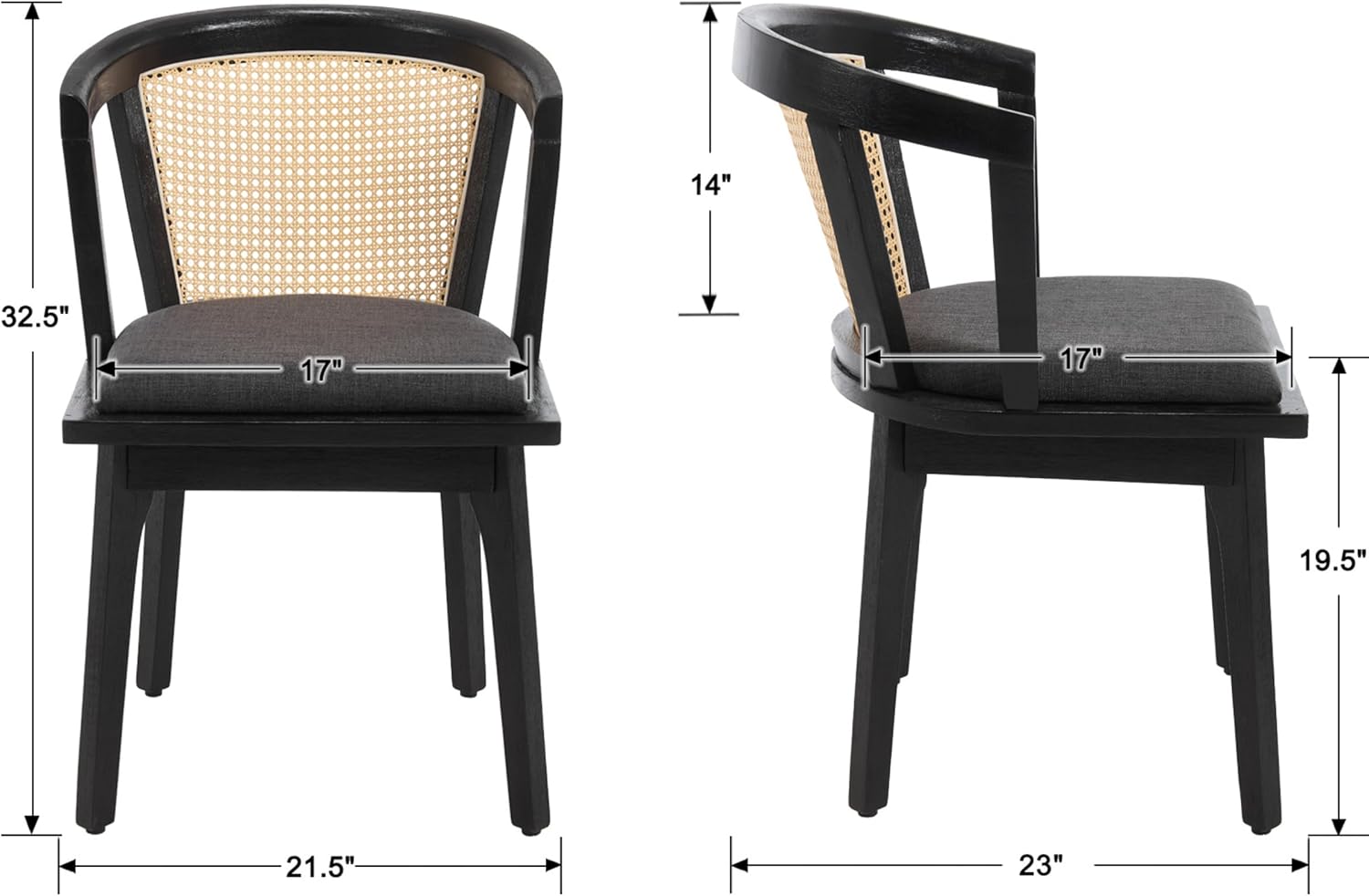 Modern Farmhouse Wooden Dining Room Chairs with Cane Curved Back Leather Upholstered Comfortable Kitchen Side Chairs for Restaurant