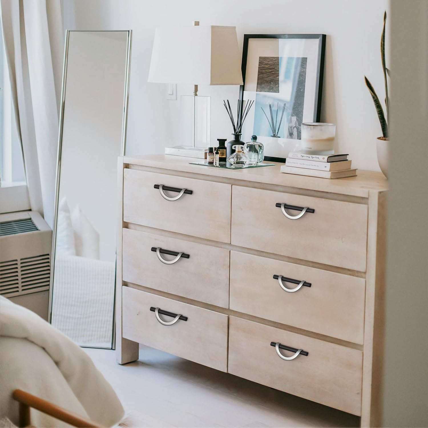 6 Pack Matt Black and Nickel Cabinet Pulls, 3-3/4 Inch(96mm) Hole Centers Half Moon Metal Drawer Pulls Kitchen Hardware Cabinet Handles