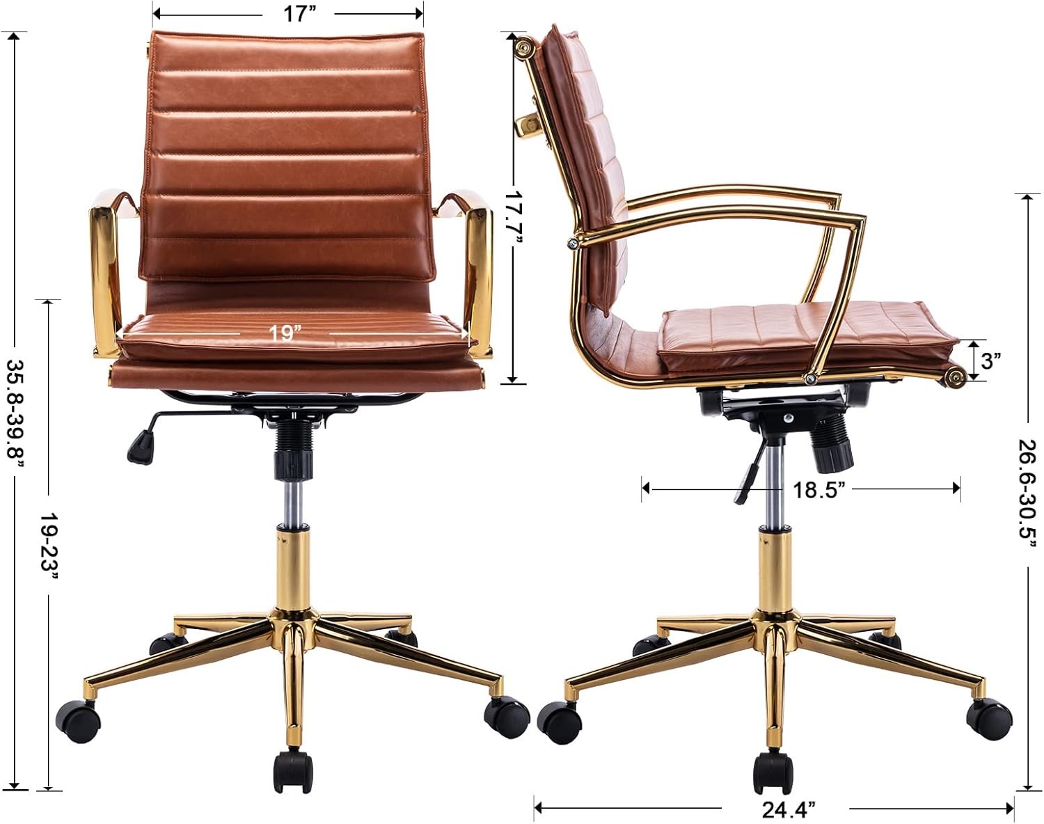 Modern Leather Office Chair Comfortable Home Office Desk Chair with Wheels and Arms Gold Base Conference Chair Ergonomic Computer Task Chair