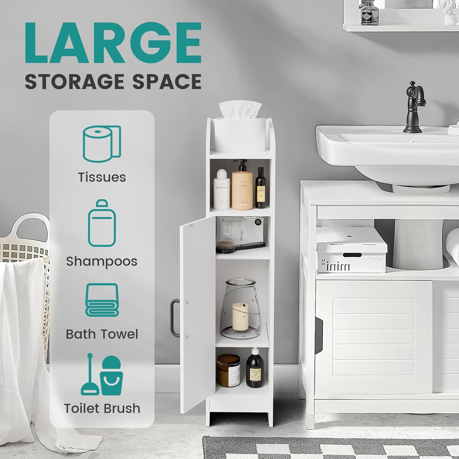 Small Bathroom Storage Cabinet,Bathroom Organizer Floor Corner Cabinet with Door and Adjustable Shelves