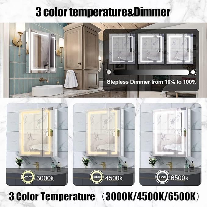 LED Medicine Cabinet,Bathroom Mirror Cabinet with Lights,24×28inch,Internal Light,USB Shaver Socket,3 Color,Dimmer,Demister,Detachable Side Mirror for Surface Mounted and Recess Mounted
