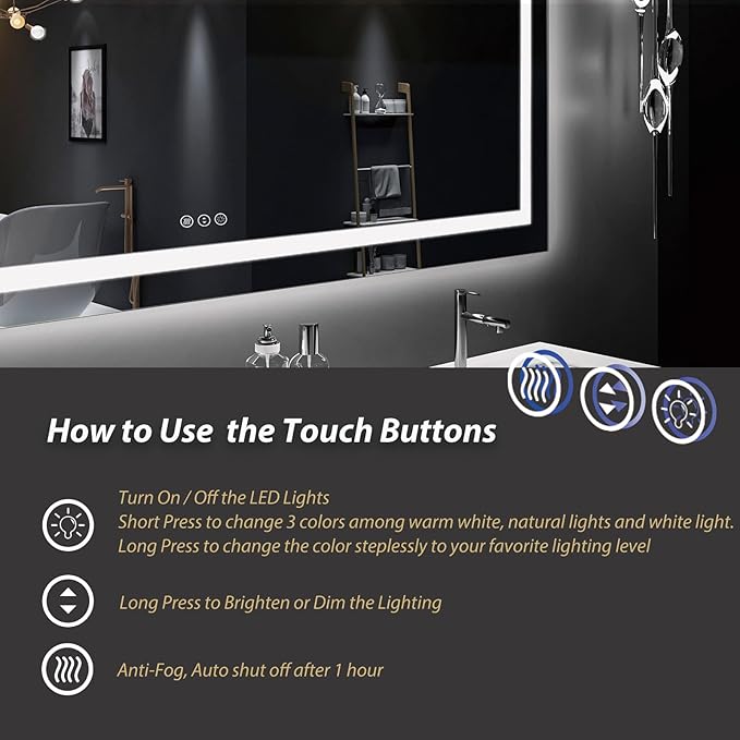 44x36 LED Lighted Mirror for Bathroom Wall Mounted, Dimmable Vanity Mirror with Lights, Anti-Fog, ETL Listed