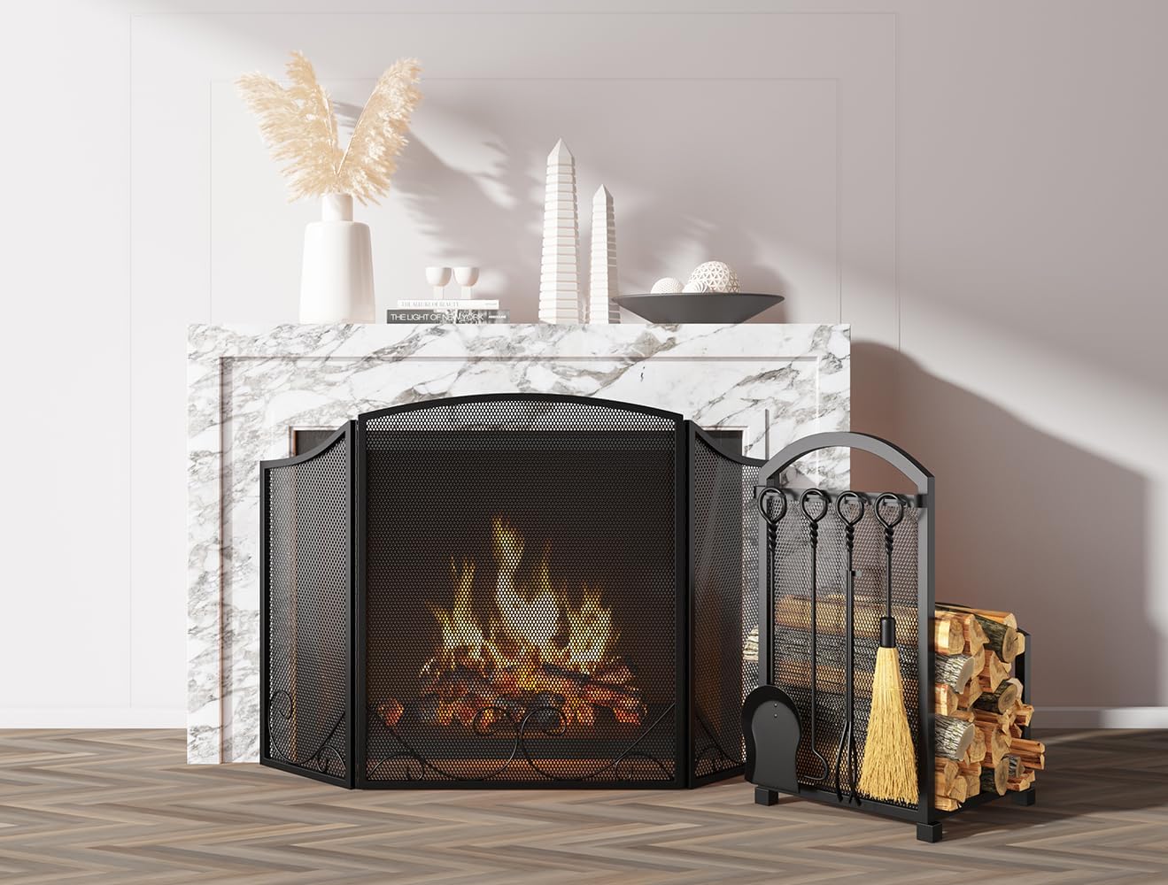 Fireplace Log holder with Fireplace Tools, Wrought Iron Indoor Stove Accessories Firewood Rack Holder Lumber Storage Stacking Log Holder