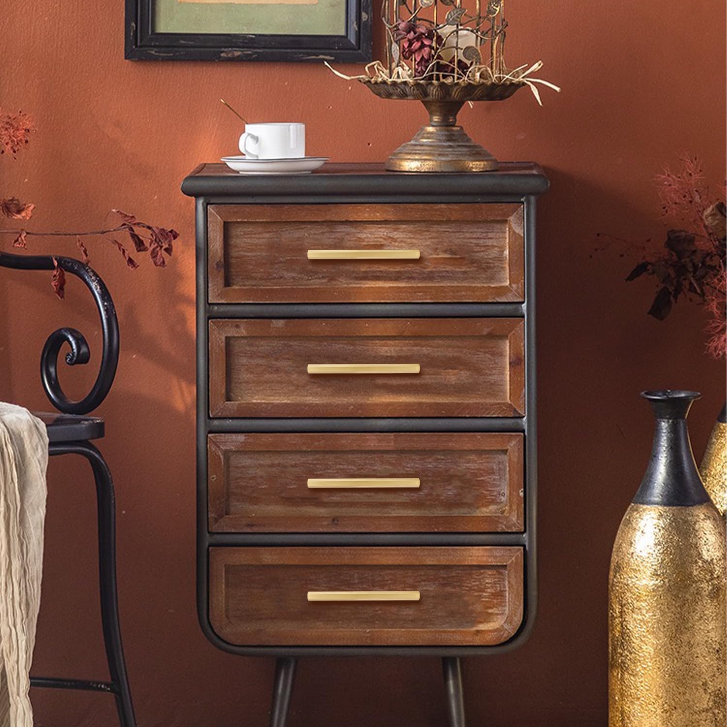 4 Pcs Solid Brass Pull Kitchen Cabinet Handles Brushed Gold Decorative Contemporary Hexagon Bar Cabinet Pulls (Hole Centers:2-1/2"(64mm))