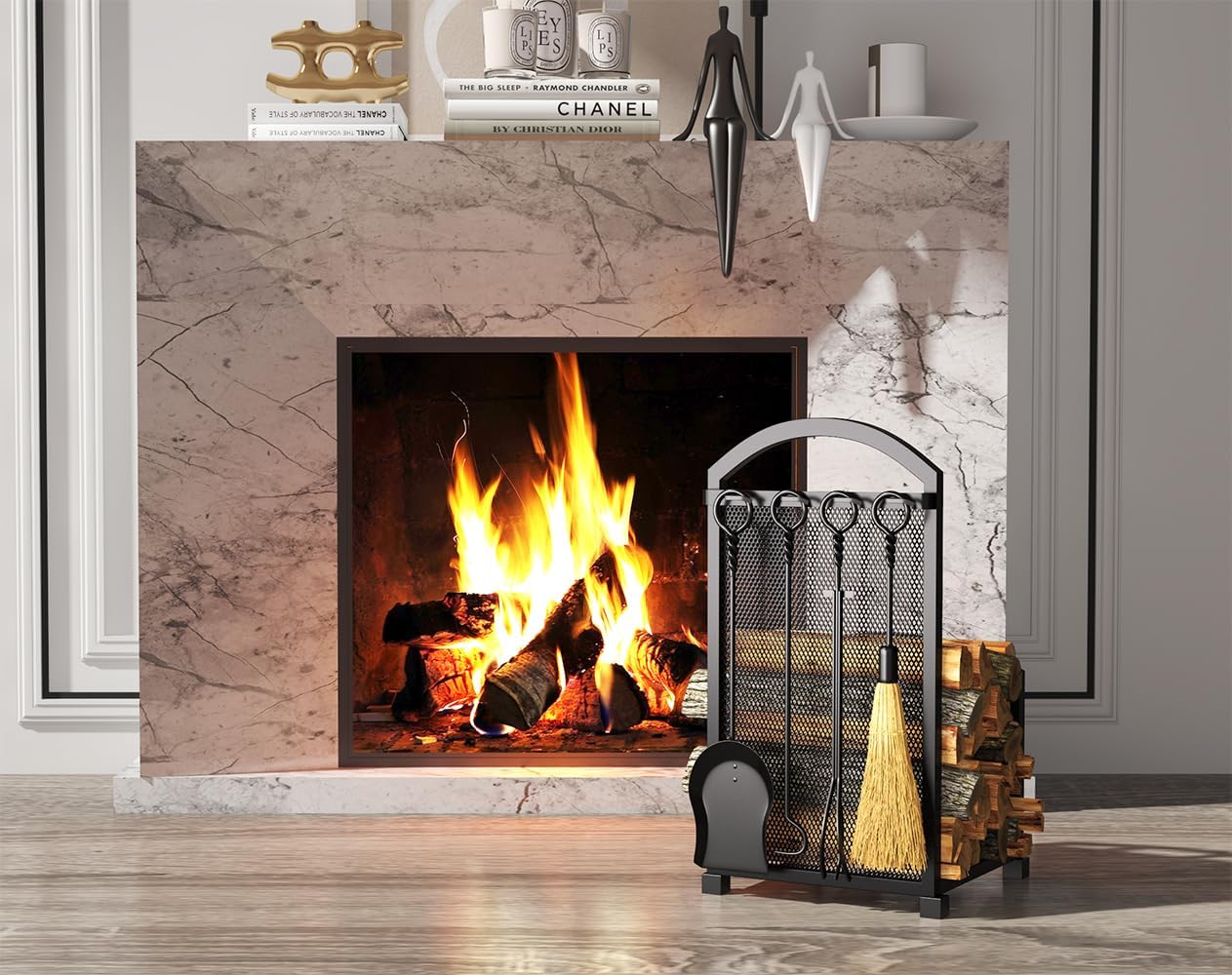 Fireplace Log holder with Fireplace Tools, Wrought Iron Indoor Stove Accessories Firewood Rack Holder Lumber Storage Stacking Log Holder