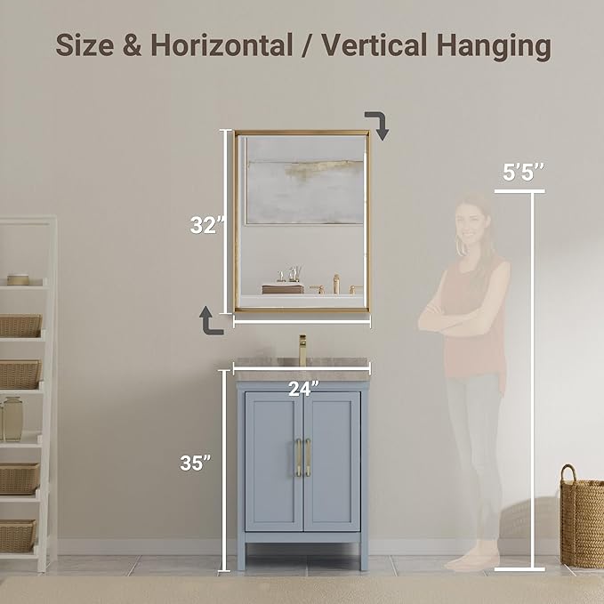 Gold Bathroom Mirror, 24x32 Brushed Gold Bathroom Mirror Beveled Edge, Gold Framed Rectangle Bathroom Vanity Mirror