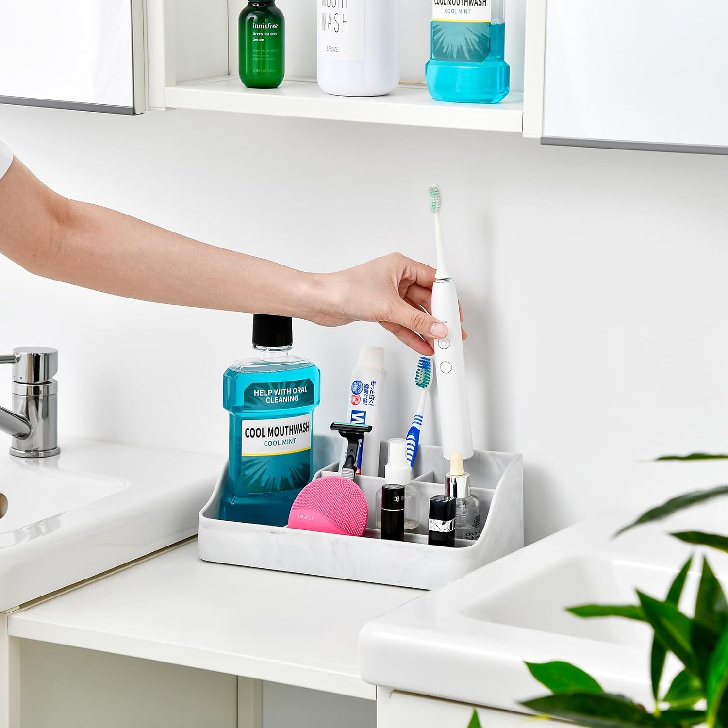 Toothbrush Holder for Bathroom, Bathroom Organizer Countertop, Bathroom Accessories with 5 Compartment Storage for Toothpaste/Vanity Counter