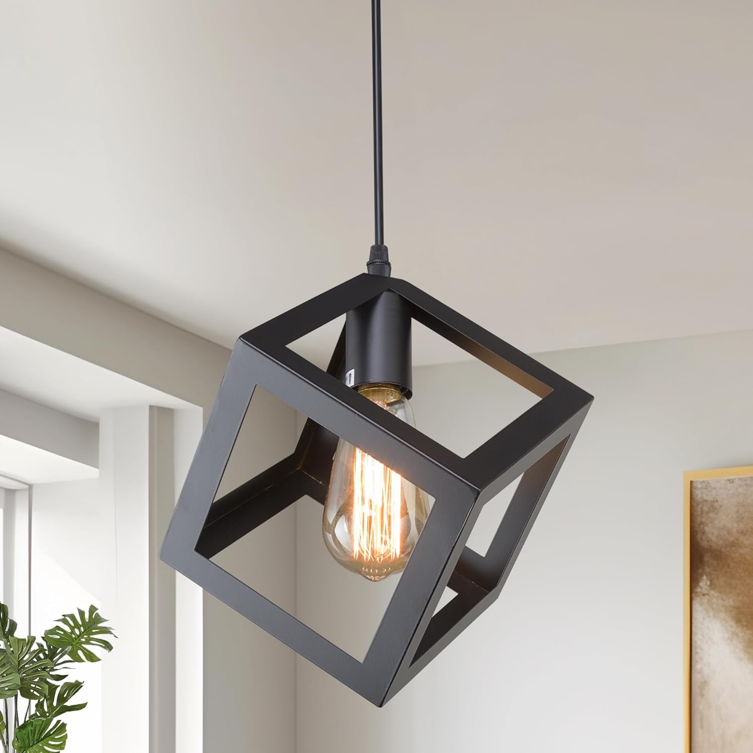 Black Pendant Lighting, Geometric Modern Cage Hanging Light Ceiling Fixture