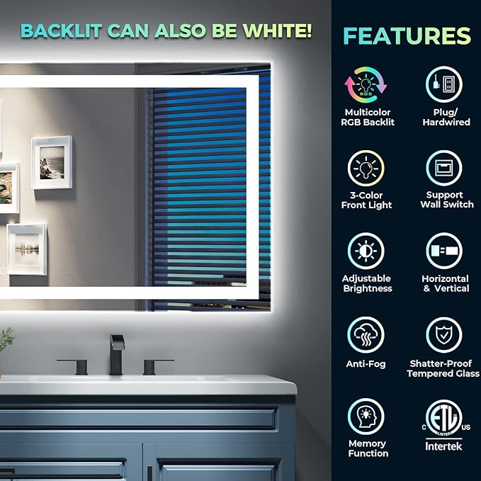 60x36 Inch RGB LED Bathroom Mirror Front Light and RGB Backlit Lighted Vanity Mirror