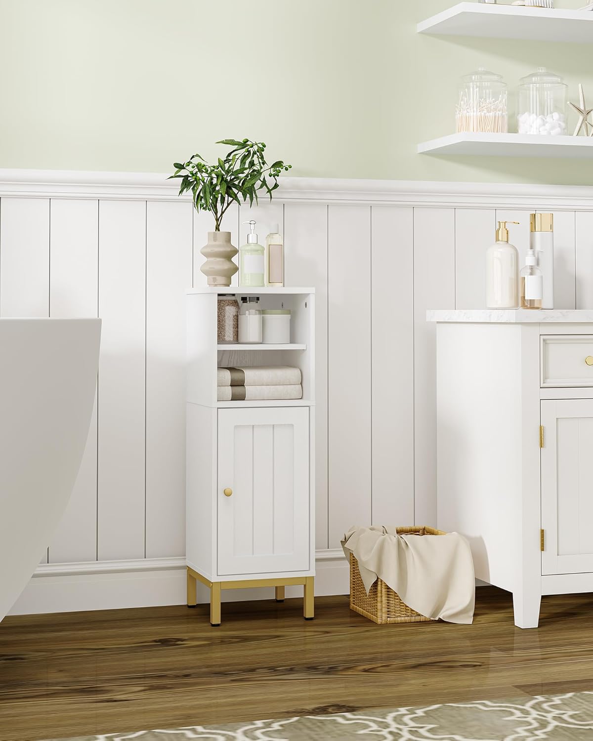 Bathroom Storage Cabinet, Corner Floor Cabinet with Door & Shelves, Customized Door Opening Direction