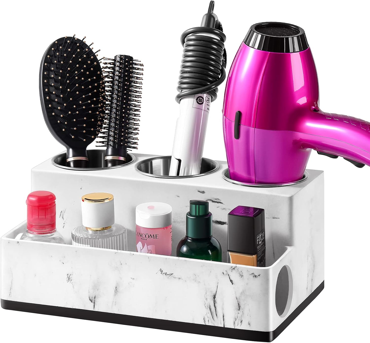 Resin Hair Tool Organizer, Hair Dryer and Straightener Holder Countertop, Blow Dryer Holder Bathroom Organizer Storage for Vanity Makeup/Styling Tools/Curling Iron, White Marble Look