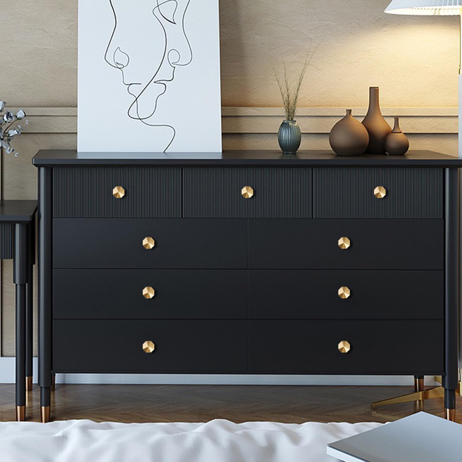 Solid Brass Knobs Beautiful Brushed Gold Kitchen Cabinet Knobs Contemporary Euro Style Dresser Drawer Knob Handles (8Pack Diameter:0.94"(24mm))