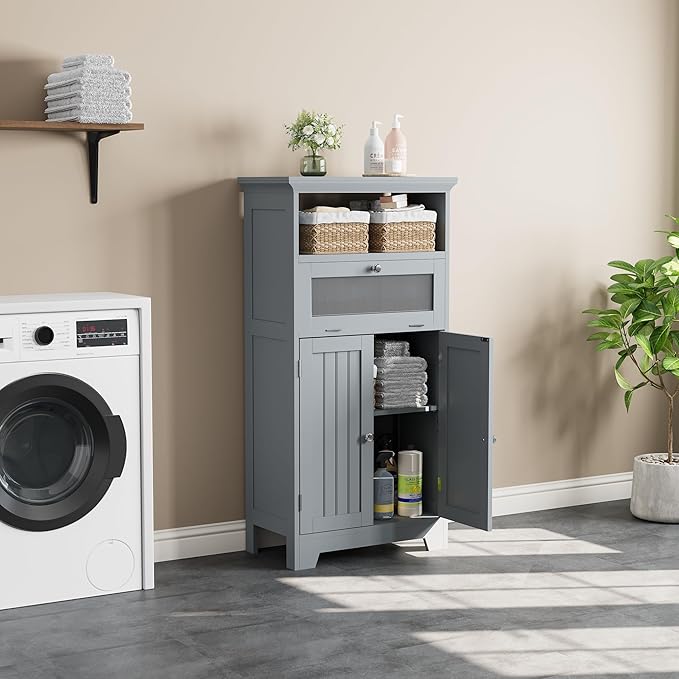 Bathroom Floor Storage Cabinet with Flip Glass Drawer, Bathroom Cabinets Freestanding with 2 Doors Adjustable Shelf & 1 Open Storage