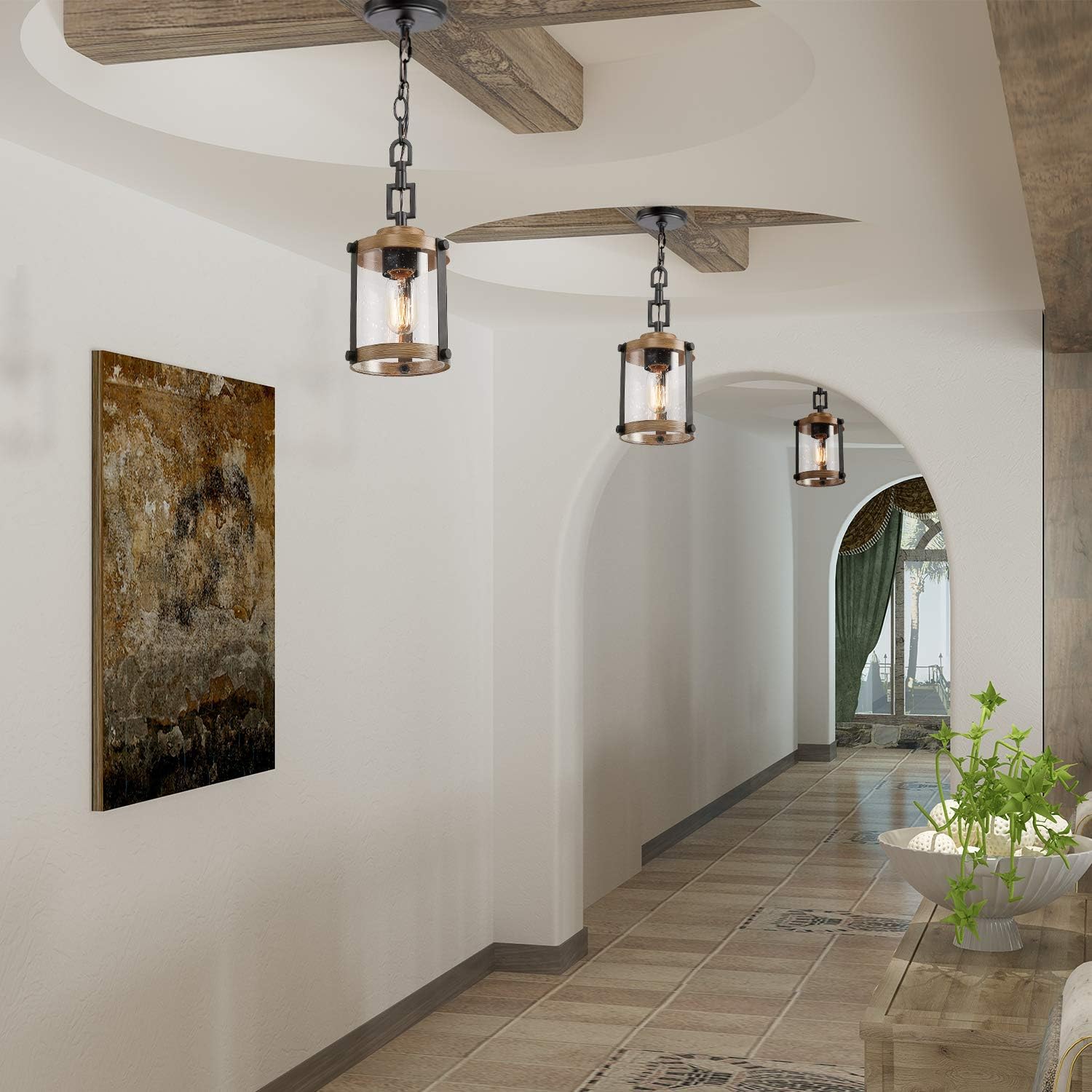Pendant Lighting for Kitchen Island, Farmhouse Mini Chandelier in Faux Wood Metal with Bubbled Glass Shade
