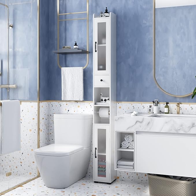 Bathroom Storage Cabinet with 2 Frosted Glass Doors, Tall Narrow Cabinet with Doors and Shelves Adjustable, Slim Cabinet for Small Spaces